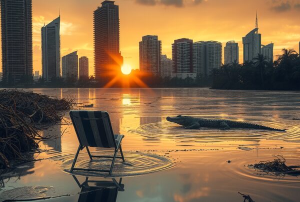 Breathtaking sunset over city skyline with alligator.