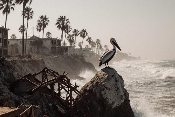A pelican on a rock amidst crashing waves on a rugged coastline with palm trees and abandoned buildings in the distance.
