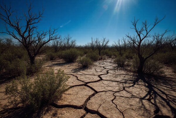 Cracked earth under bright sun in a dry, barren desert landscape.