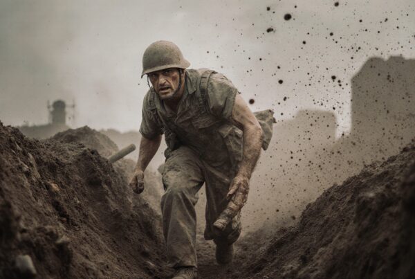 A determined soldier in a trench, surrounded by flying dirt, evokes wartime intensity and action.