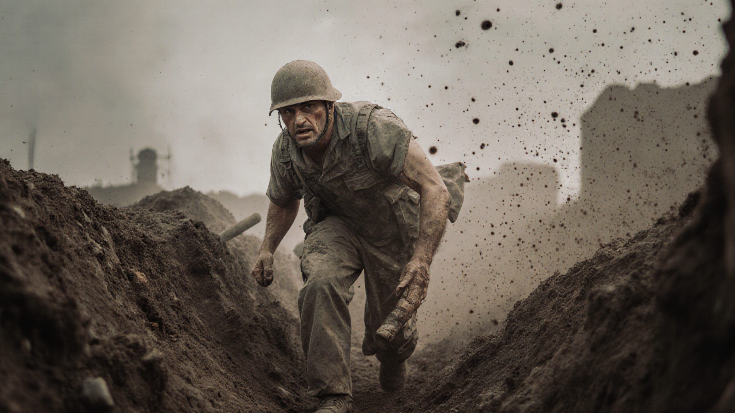 Determined soldier in wartime trench
