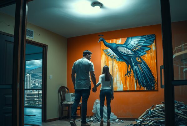 A couple gazes at a vibrant peacock mural in a dimly lit room with cityscape view.