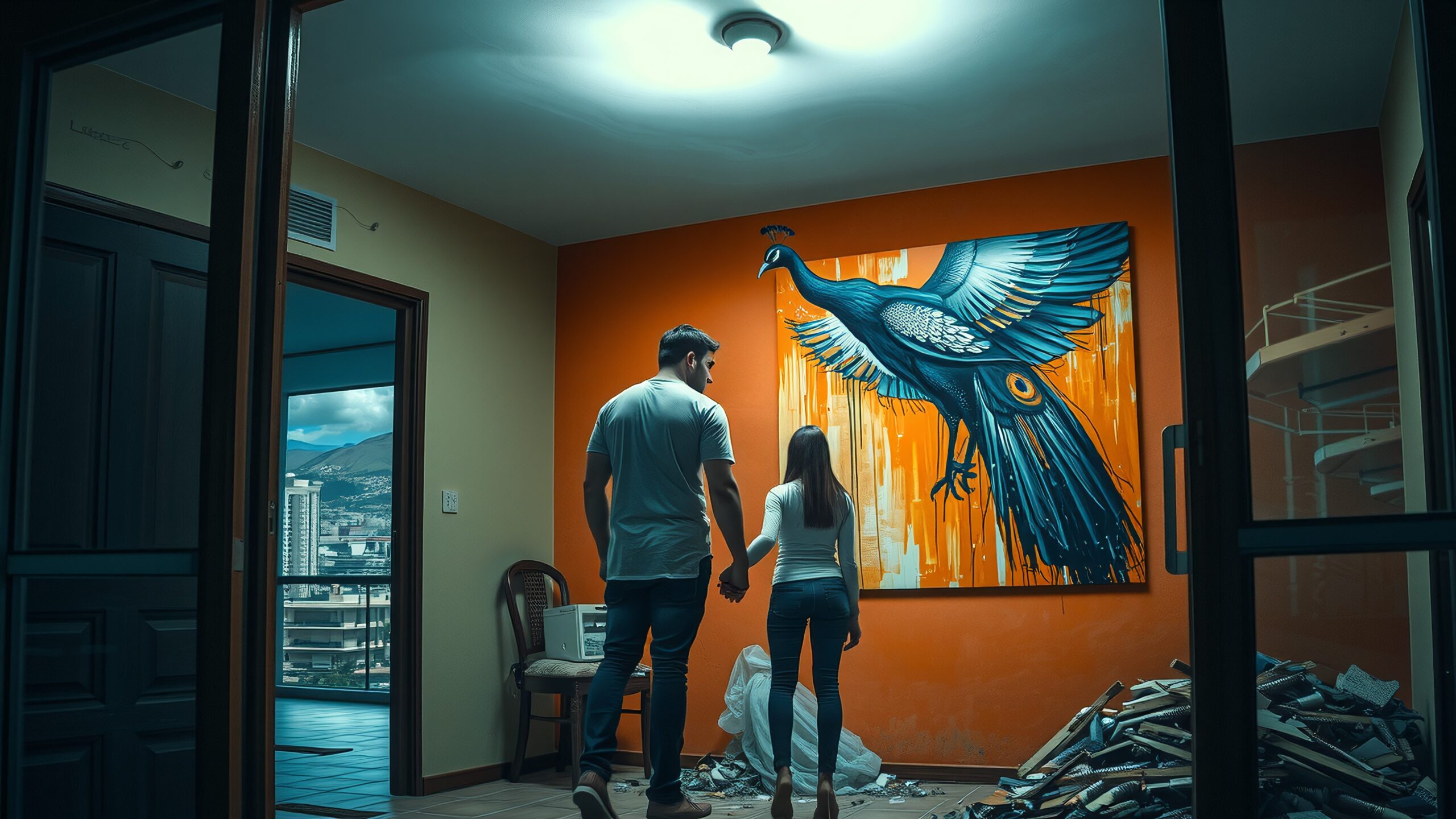 Contemplating Mural in Urban Apartment