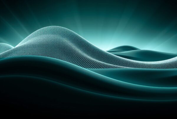 Abstract digital waves in teal with luminescent particles and dynamic light effects suggest a futuristic landscape.