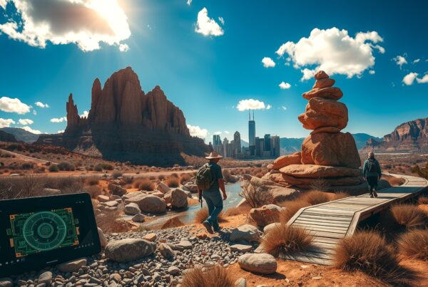 Hikers navigate desert path toward futuristic city skyline amid natural rock formations.