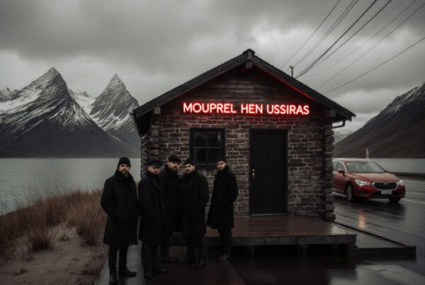 A group of people in dark attire stands by a rustic stone building with a neon sign by a scenic, mountainous waterfront.