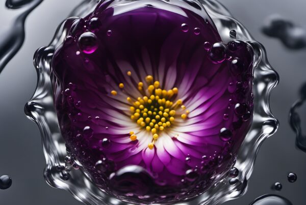 Close-up of a purple flower amidst splashing liquid, highlighting vibrant colors and dynamic movement.