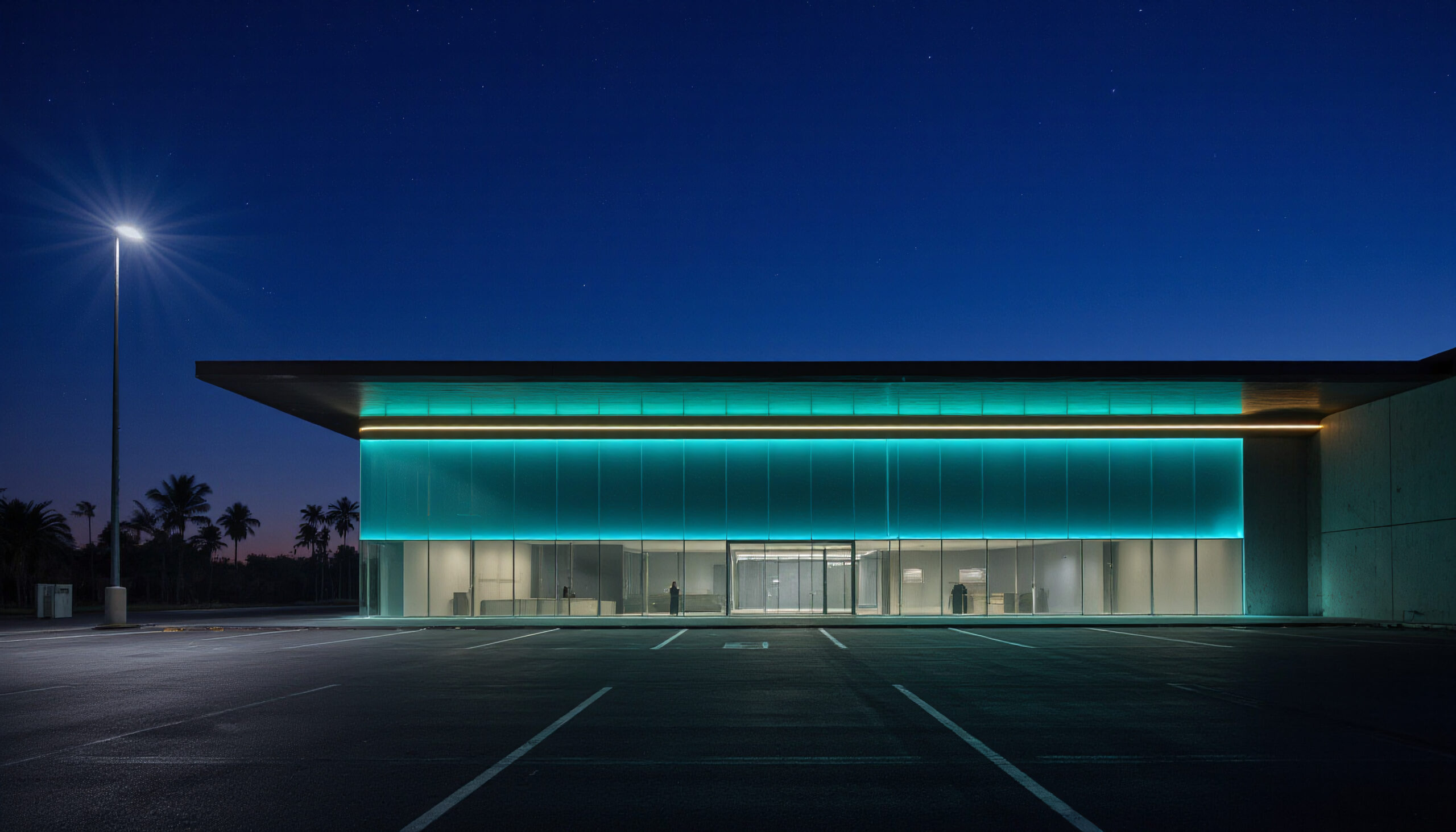 Teal-Lit Modern Building at Dusk