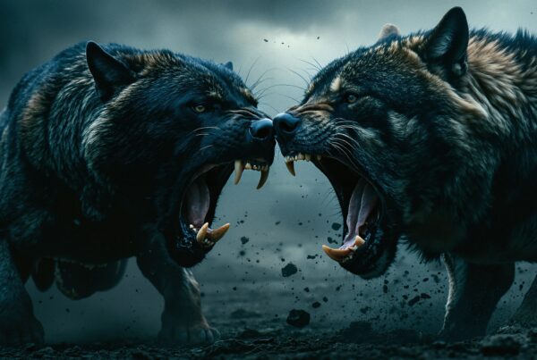 Two wolves fighting fiercely face-to-face in muddy terrain beneath stormy skies