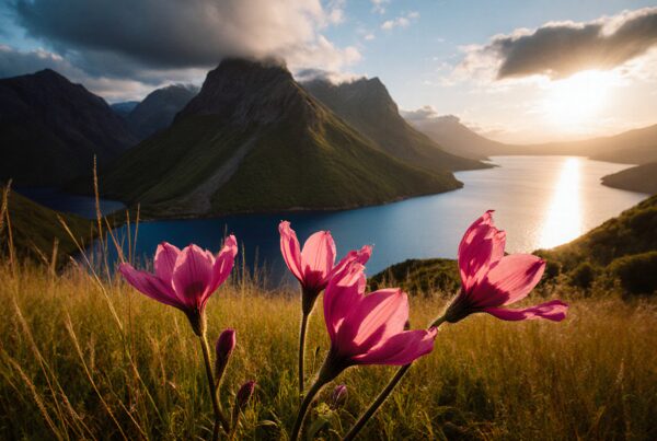 Mountain landscape with pink flowers and a radiant sunset over water.