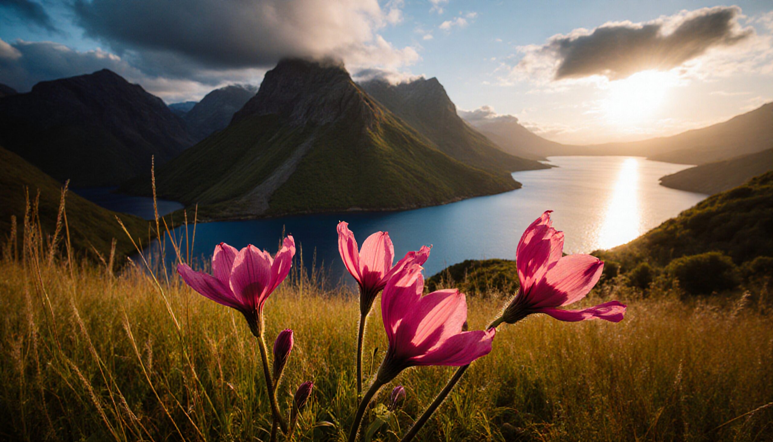 Mountain Sunset with Pink Flowers