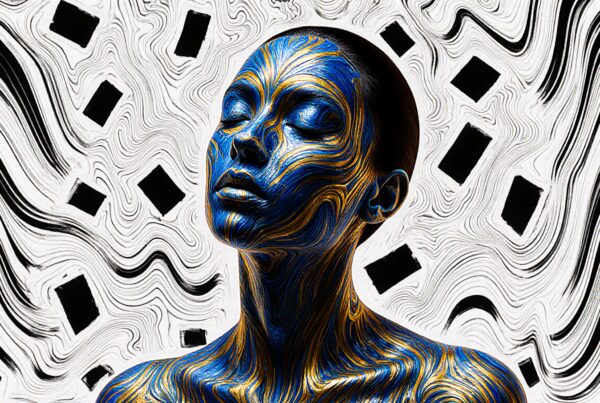 Abstract portrait with blue and gold paint and swirling background.