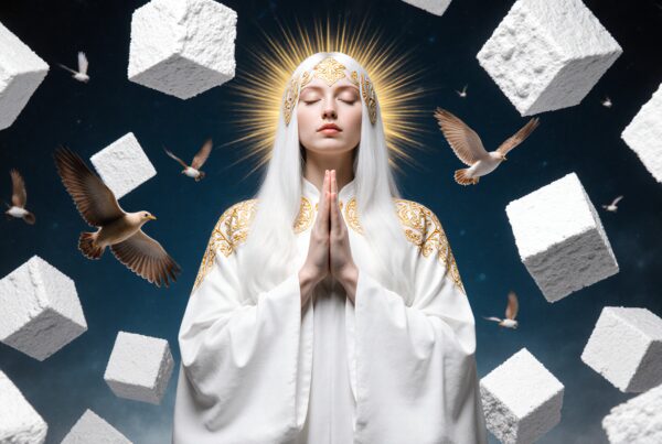 A serene woman in a white robe stands in a celestial scene, surrounded by floating cubes and birds against a dark sky.