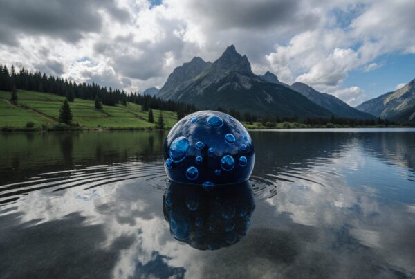 A glossy blue sphere with bubbles floating on a serene lake with mountains and clouds.