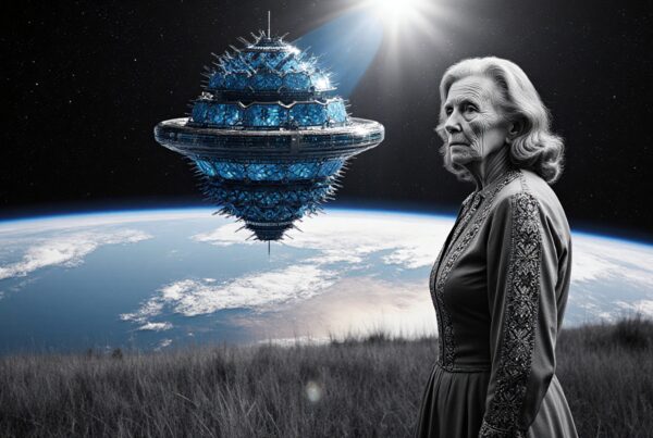 An elderly woman stands in a field gazing at a futuristic spaceship hovering above Earth, under a starry sky.