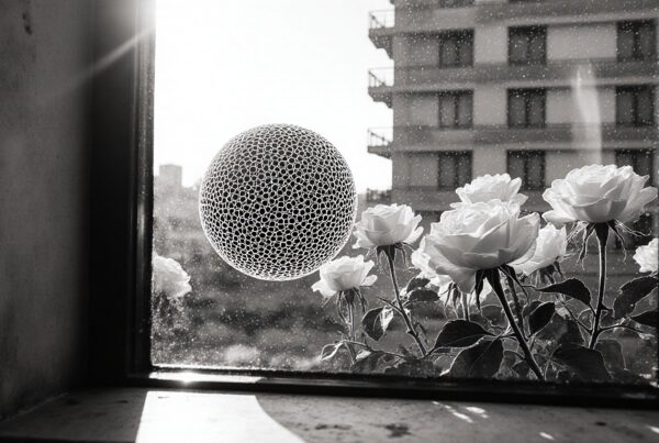 Monochrome scene of roses, intricate sphere, and urban backdrop through window.