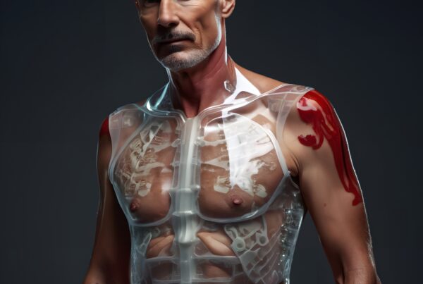 Image of a man wearing a detailed transparent anatomical suit, displaying human internal organs against a dark background.