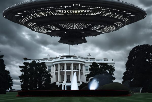 Large UFO hovering over a prominent, historic building, creating a dramatic and mysterious scene with dark clouds and glowing lights.