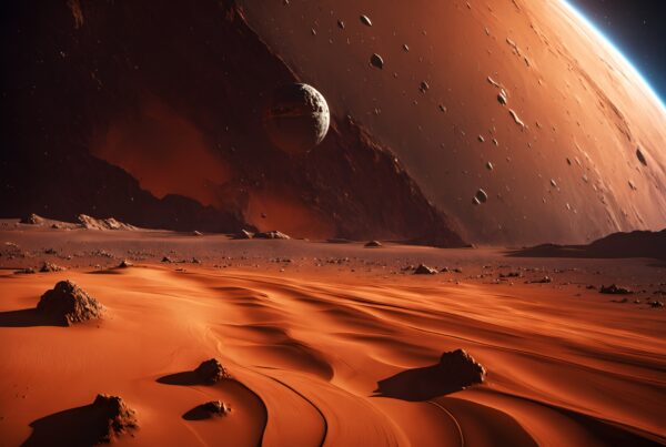 A vast alien desert under an enormous, rugged planet.