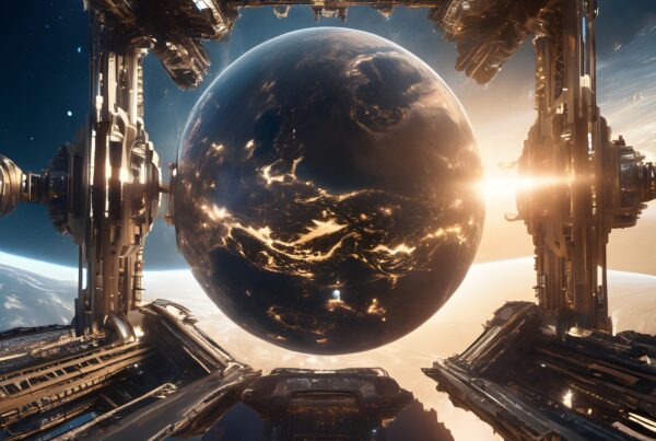 A futuristic space station frames a sunlit planet in deep space.
