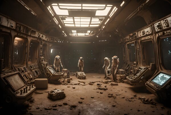 Image of four astronauts in a dimly lit and aged spaceship corridor, surrounded by panels and debris, suggesting an abandoned exploration.