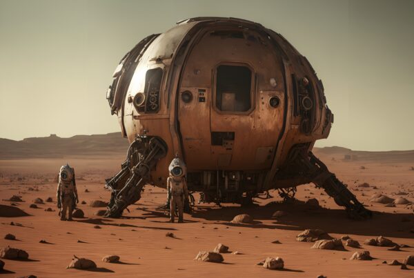 A spherical spacecraft on Mars with astronauts.