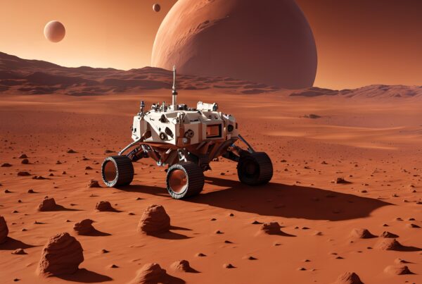 A Mars rover navigates rocky terrain under an orange sky with distant planets in the background.