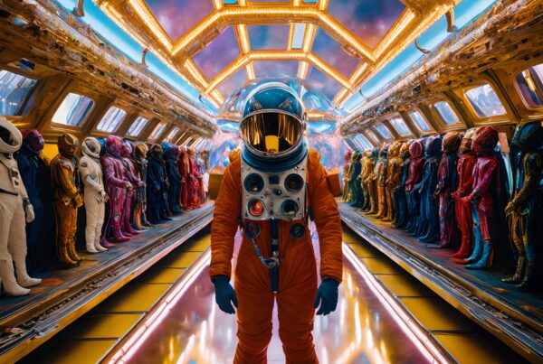 Futuristic corridor with astronaut in vibrant multicolored space station.