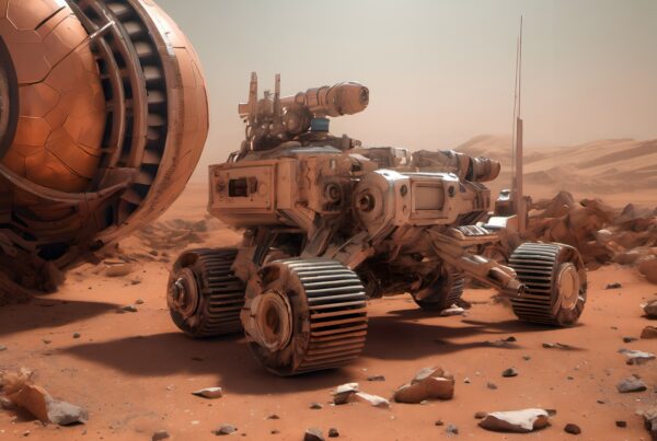 A robotic rover on a dusty, rocky extraterrestrial landscape resembling Mars with a large spherical object nearby.