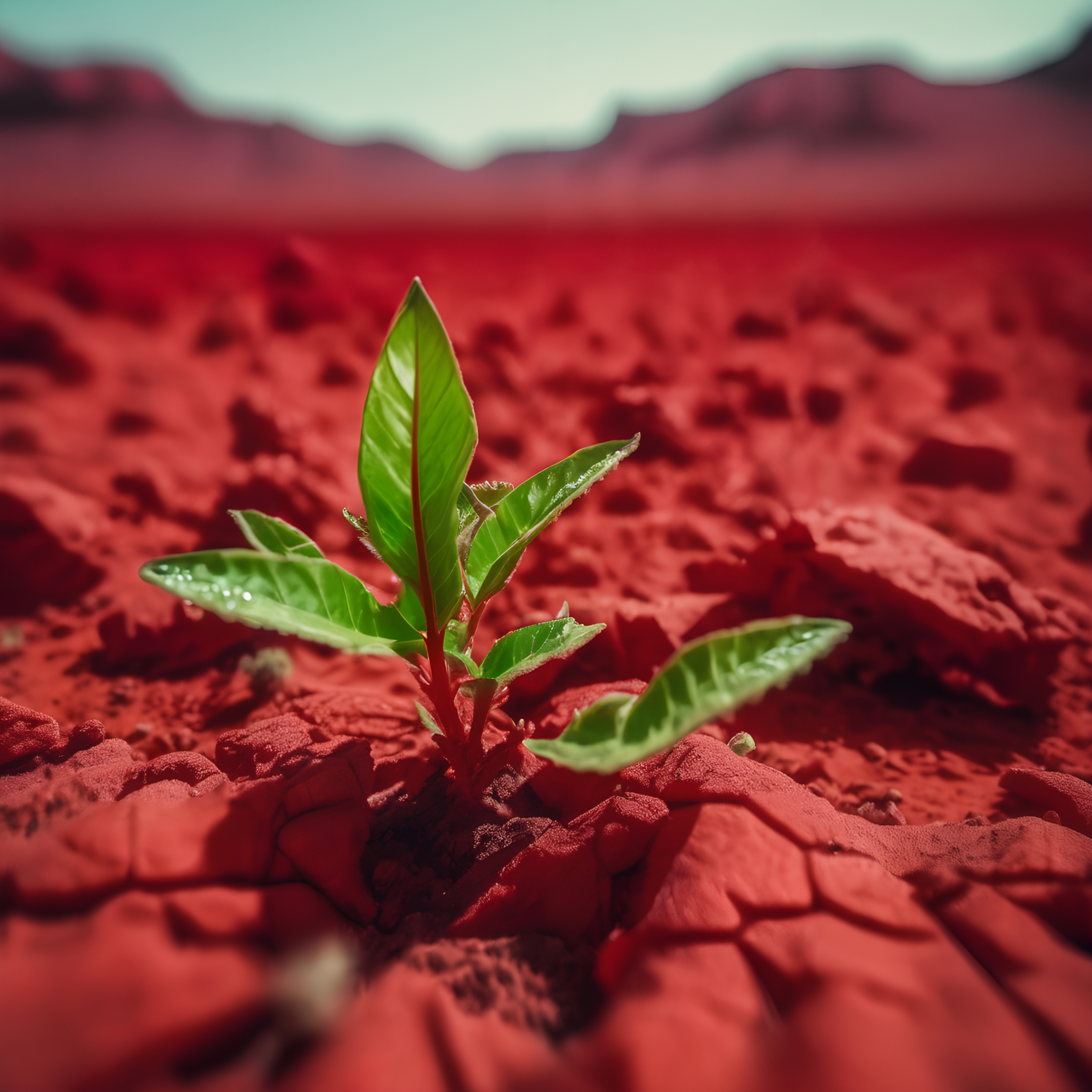Green Sprout Emerging from Cracked Red Soil