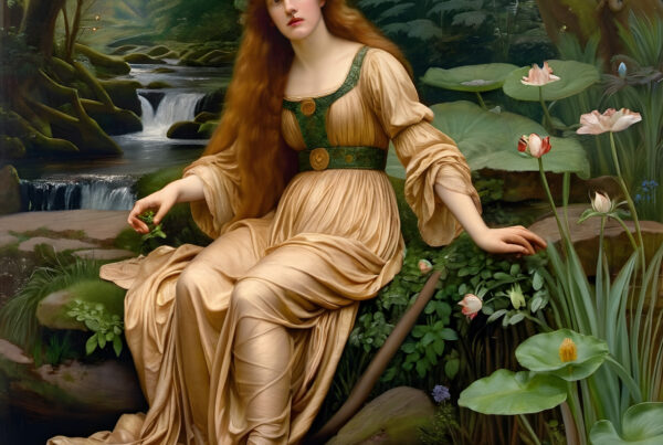 Woman sitting peacefully by forest stream wearing golden gown amidst blooming flora under dappled sunlight