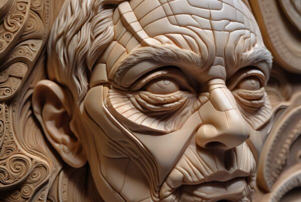 Intricate 3D sculpture of an aged human face with detailed lines and textures.
