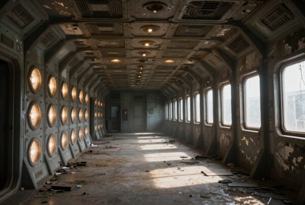 Futuristic abandoned spacecraft corridor interior.