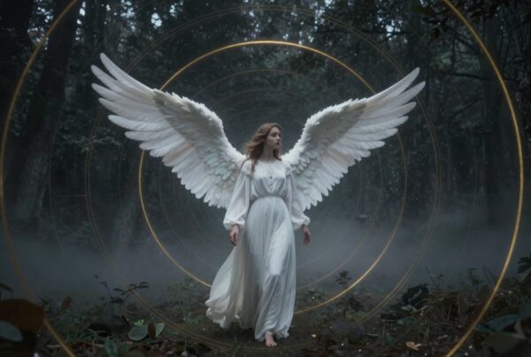 A majestic angel with white wings in a mystical forest setting, surrounded by mist and golden circles.