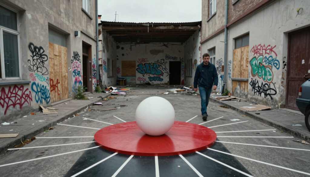 Urban Alley with Graffiti Art Installation and Walking Man