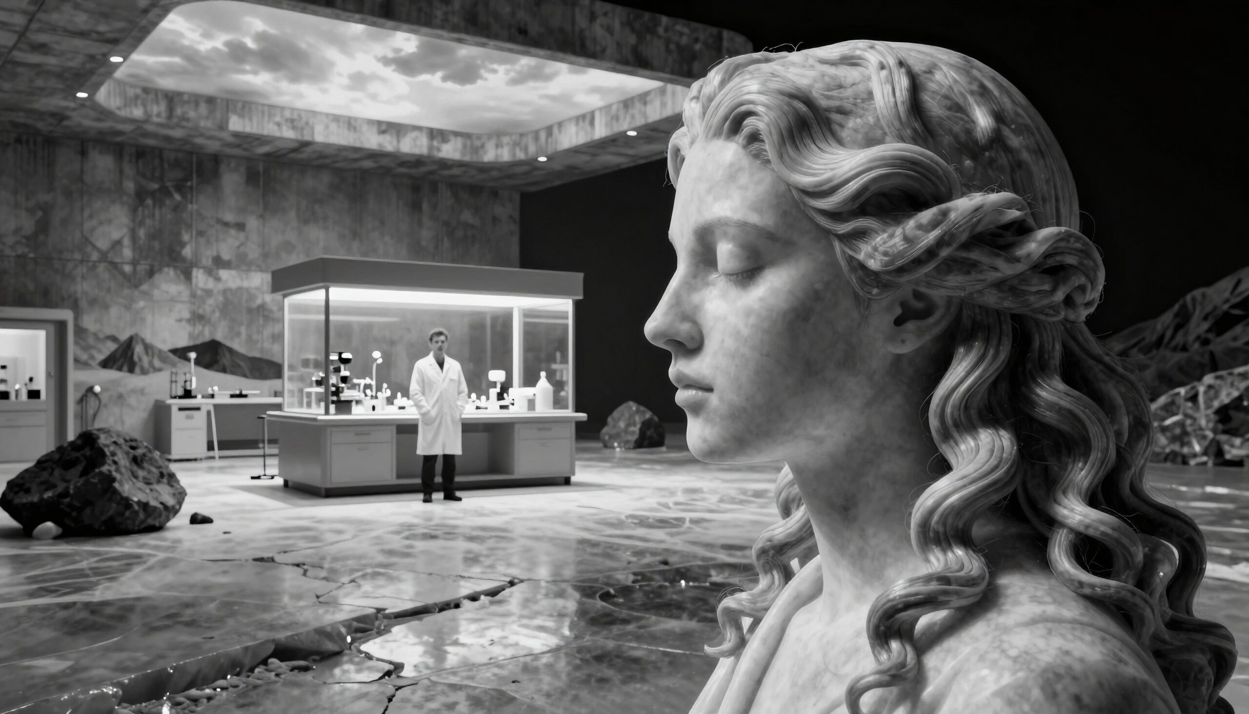 Statue and Scientist in Lab