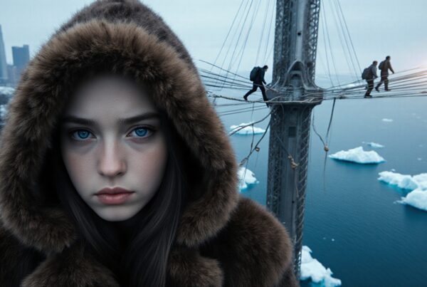 Young woman in fur coat stands on bridge, icebergs in background.