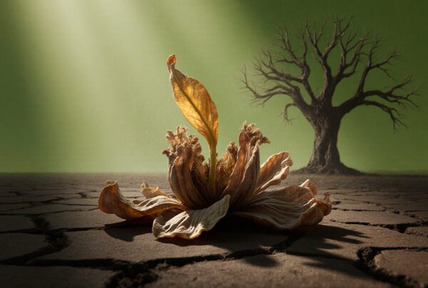A sprouting plant on cracked earth under sunlight.