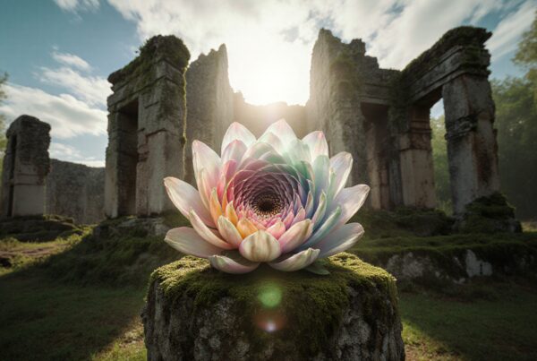 Colorful lotus flower amidst ancient stone ruins with moss.