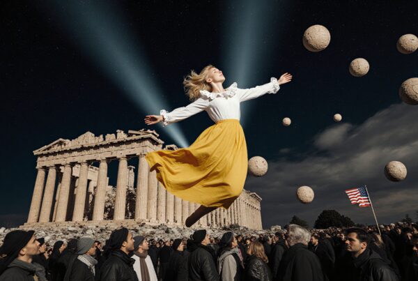 A woman in yellow skirt floats above Parthenon and crowd.
