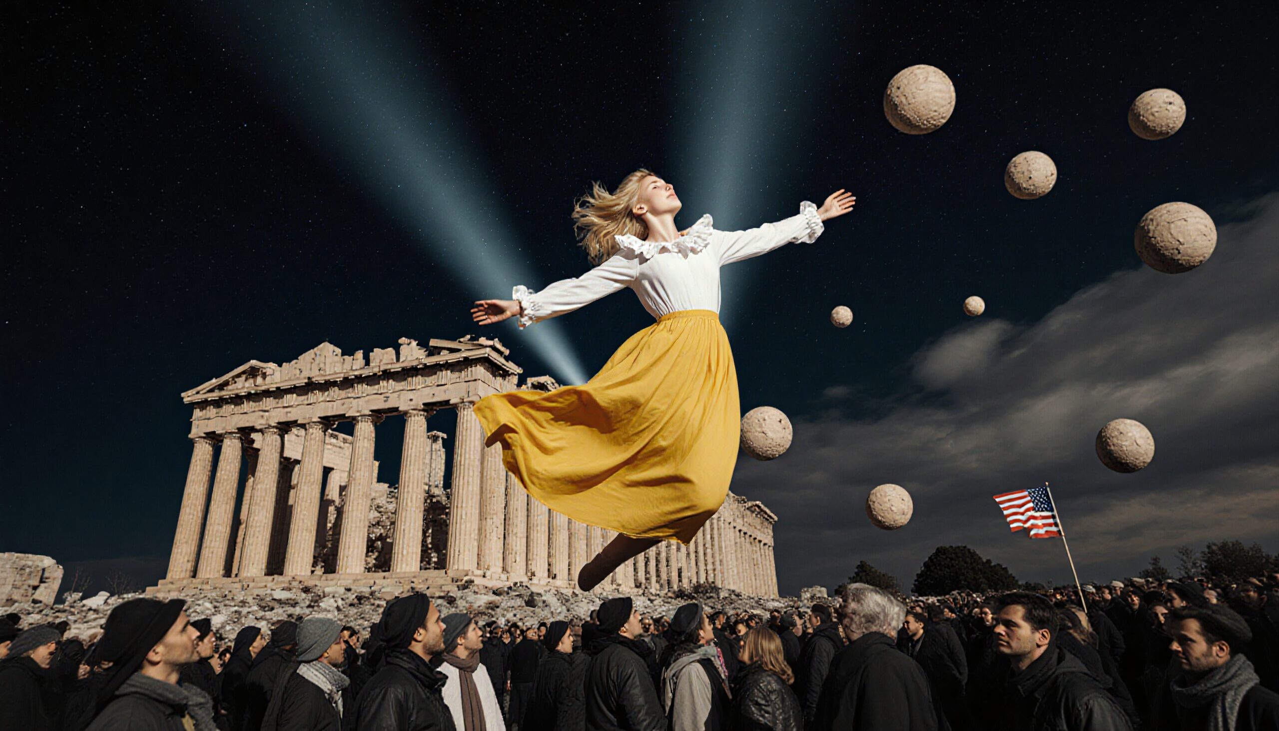 Surreal flight over ancient ruins