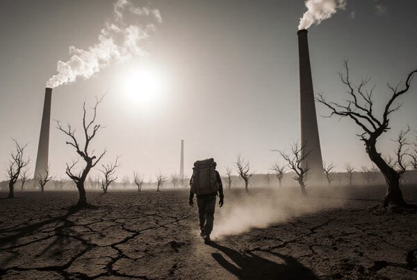 A lone traveler walks through a desolate, smoky landscape with cracked land and barren trees.