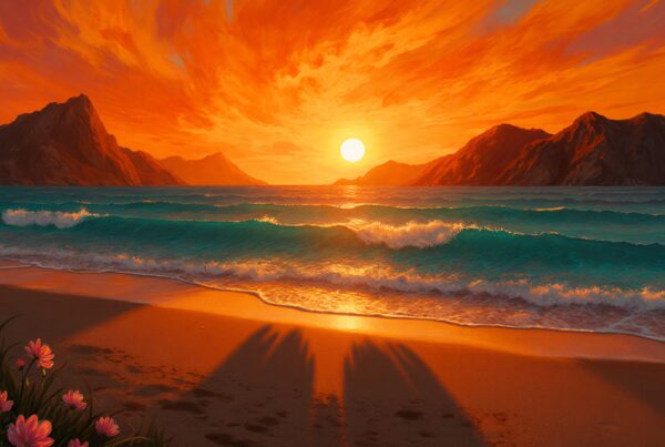 Vibrant sunset over ocean and mountains.