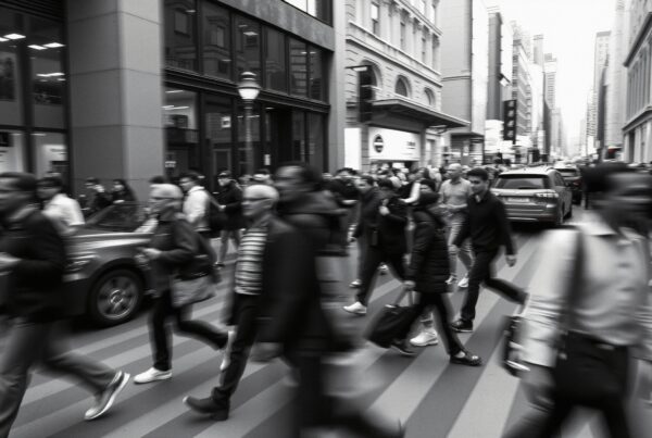 A busy urban street with blurred pedestrians crossing in monochrome.