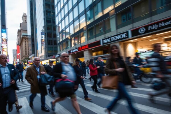 A busy urban street scene featuring pedestrians mid-motion on a city crosswalk, surrounded by towering buildings and illuminated signs.