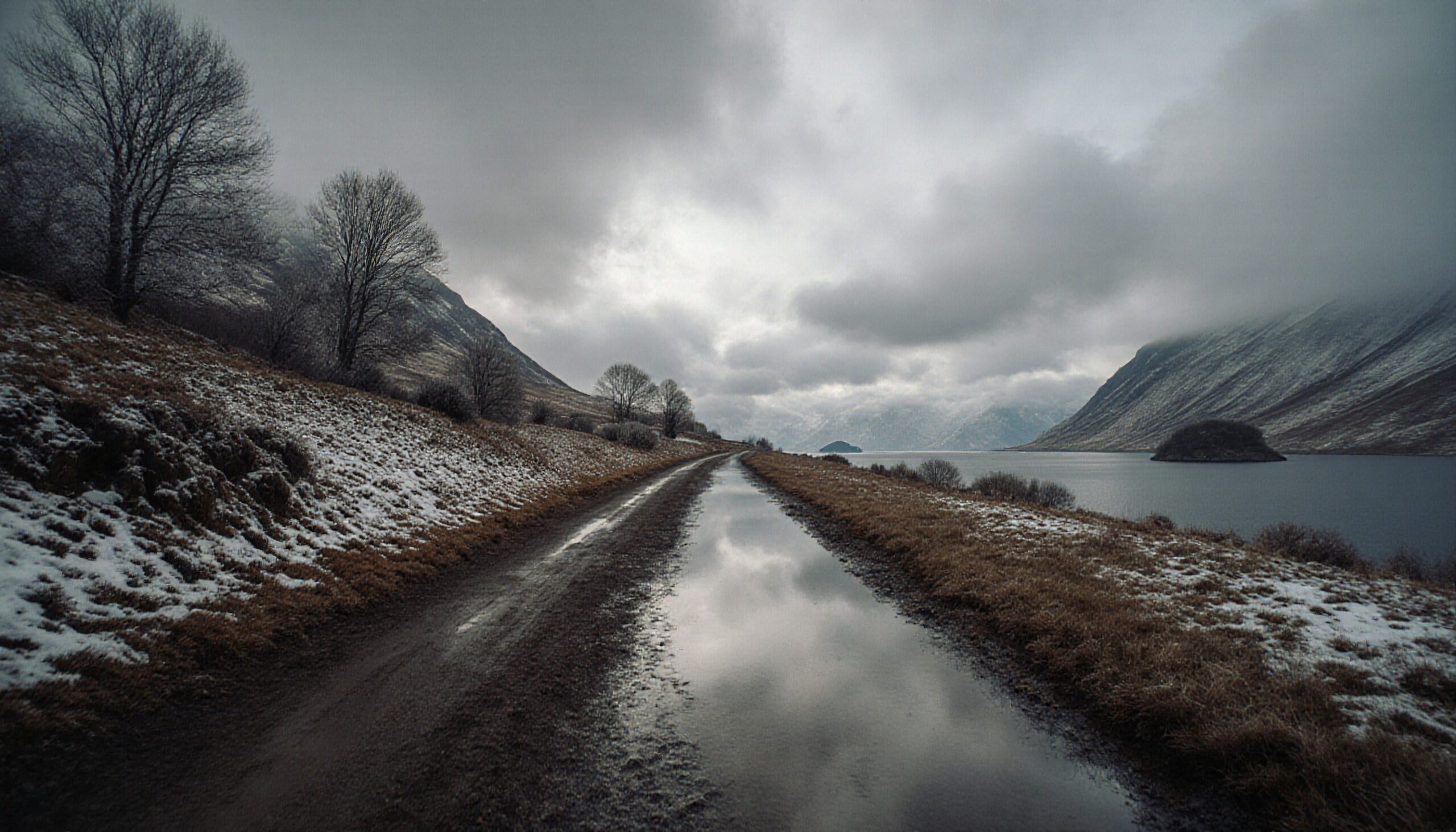 Misty Road by the Lakeside