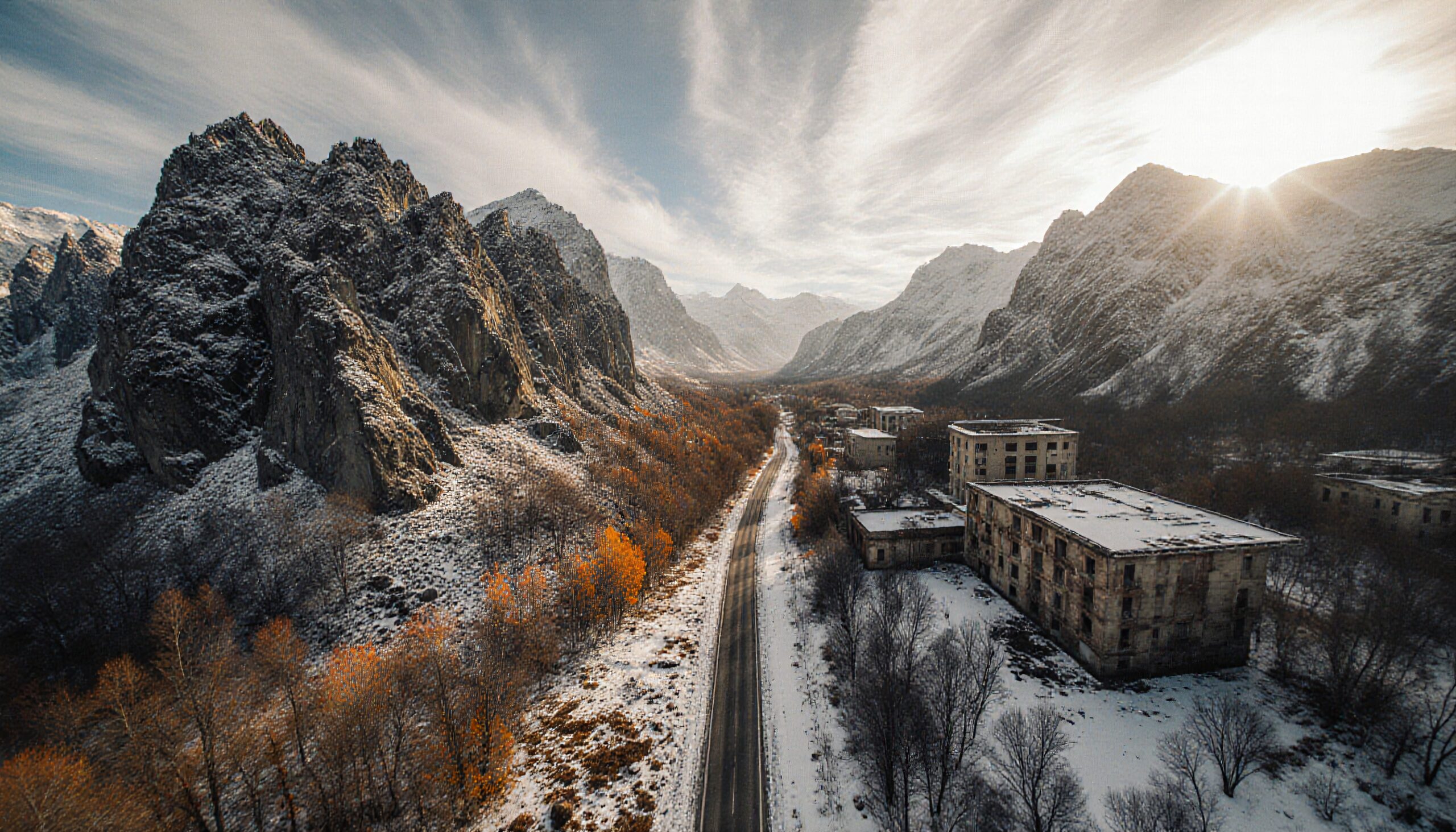 Sunlit Mountains and Abandoned Road