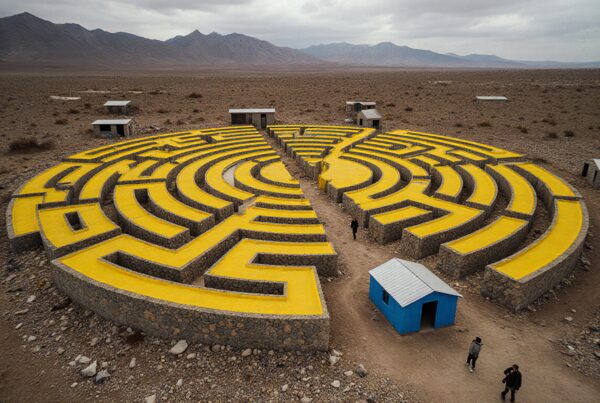 Vivid circular yellow labyrinth in isolated desert landscape with scattered structures.