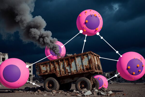 Surreal spheres over rusted truck in apocalyptic landscape.