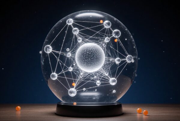 Complex interconnected network inside a crystal ball on a wooden surface with orange details in a mysterious, starry background.